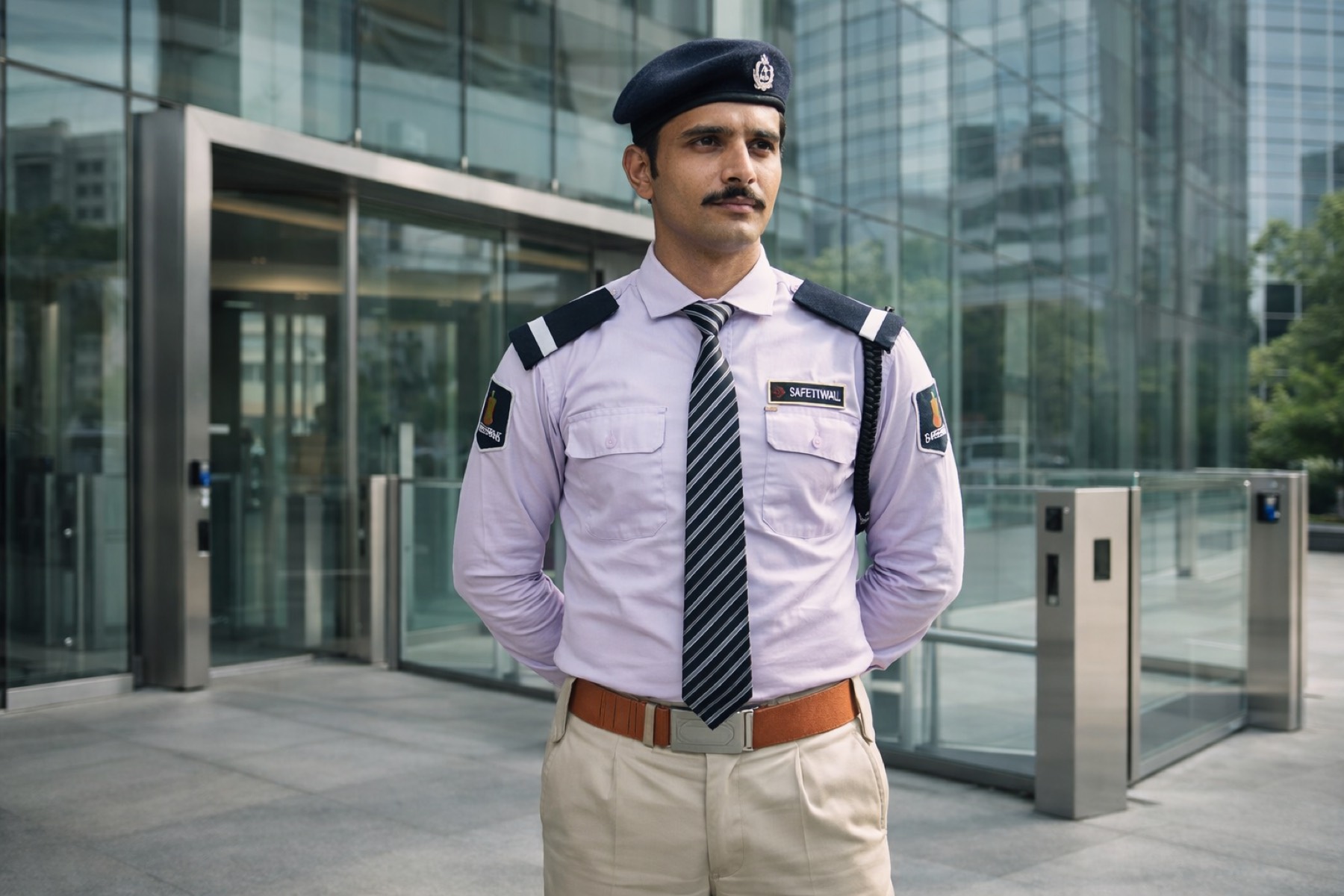 SafetyWall security guard at a corporate tower in Hyderabad